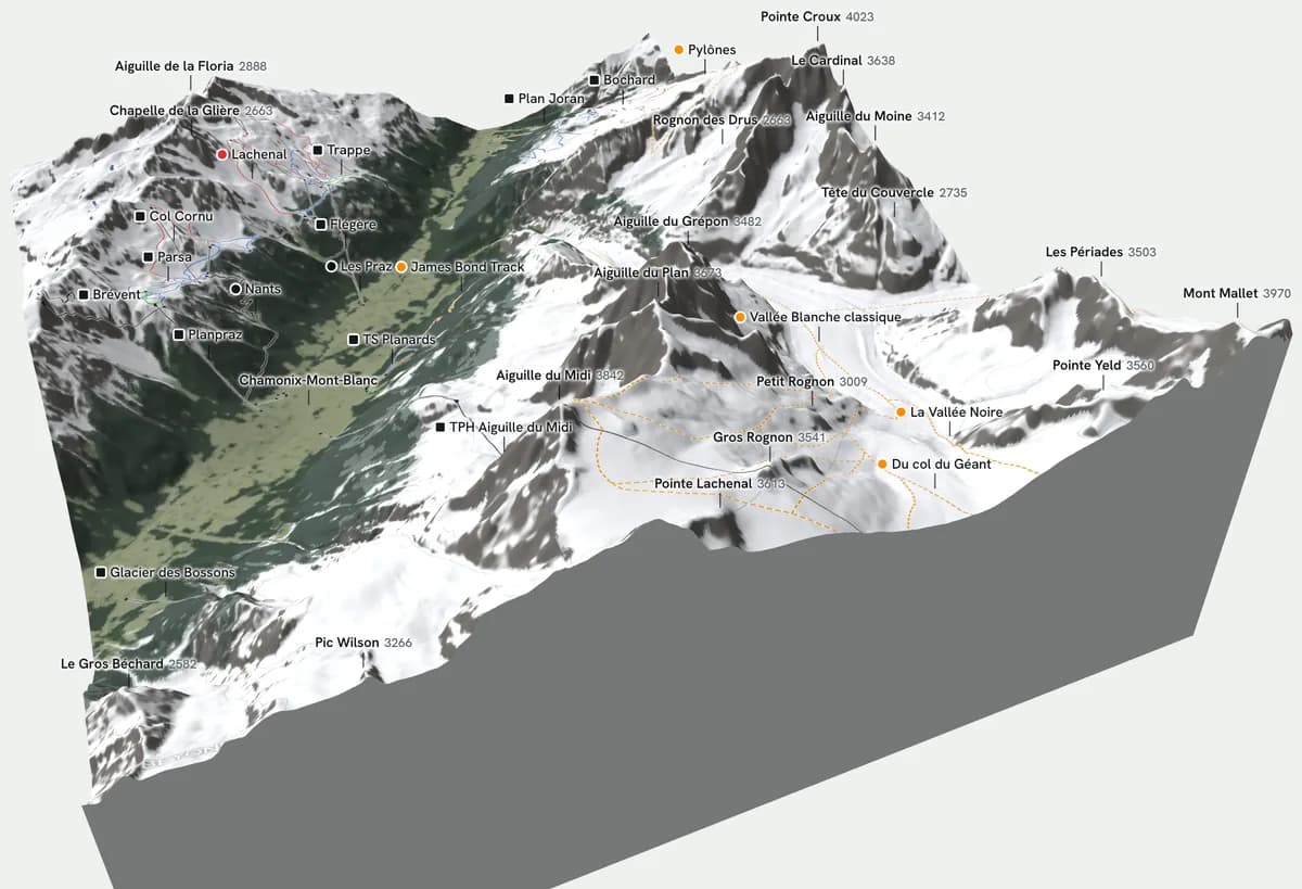 Bloc 3D du domaine skiable de Chamonix exporté de la carte BEYOND : remontées, pistes et noms sur le fond de carte en relief hivernal, avec la neige, la forêt et les glaciers