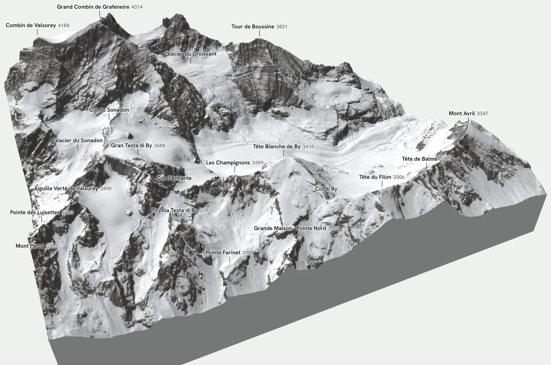Modello 3D del Grand Combin de Grafeneire esportato dalla mappa BEYOND: la vetta, i ghiacciai del Mont Durand e del Sonadon, le pareti rocciose e i nomi delle cime sul rilievo invernale della mappa