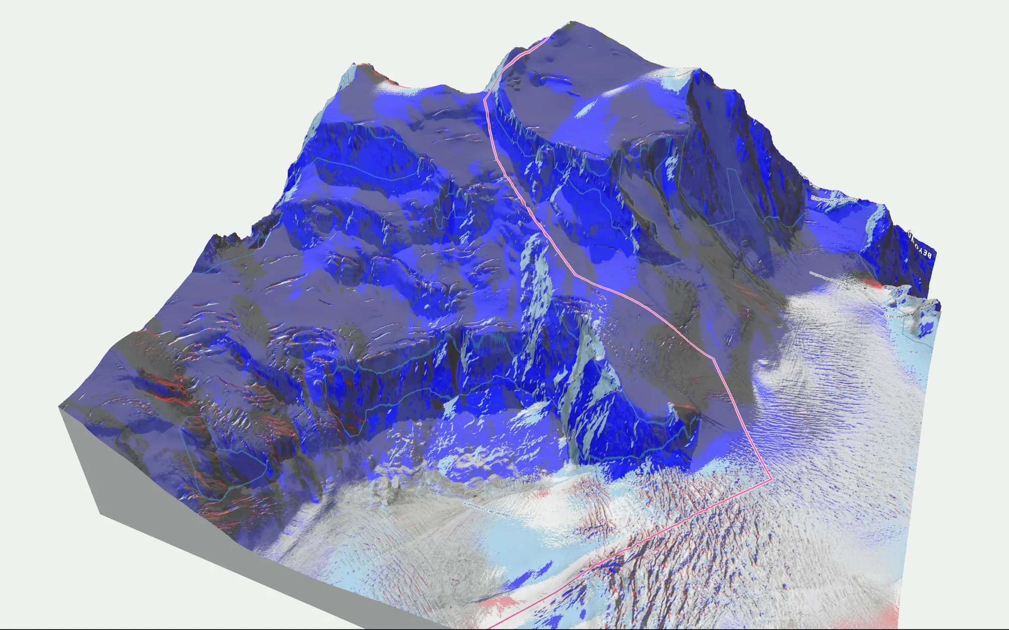 Der Block des Grand Combin in der BEYOND-Karte, nach Exposition eingefärbt: Blau für Nordhänge über Weiß für Ost bis Rot für Süd