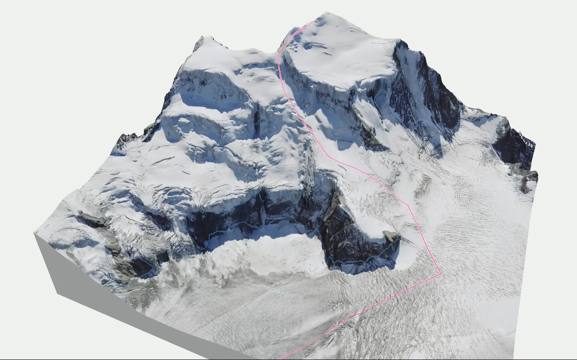 Eine Route als rosa Linie den Corbassière-Gletscher hinunter auf dem 3D-Gelände des Grand Combin in der BEYOND-Karte