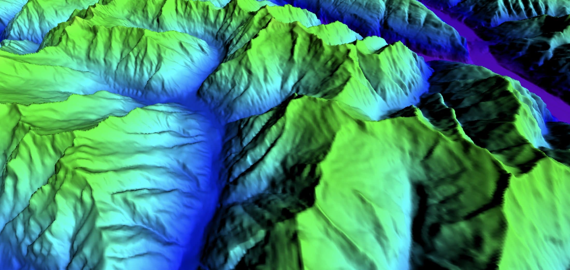 3D-Gelände in der BEYOND-Karte mit der Höhenebene: Täler in Blau, Grate in Grün
