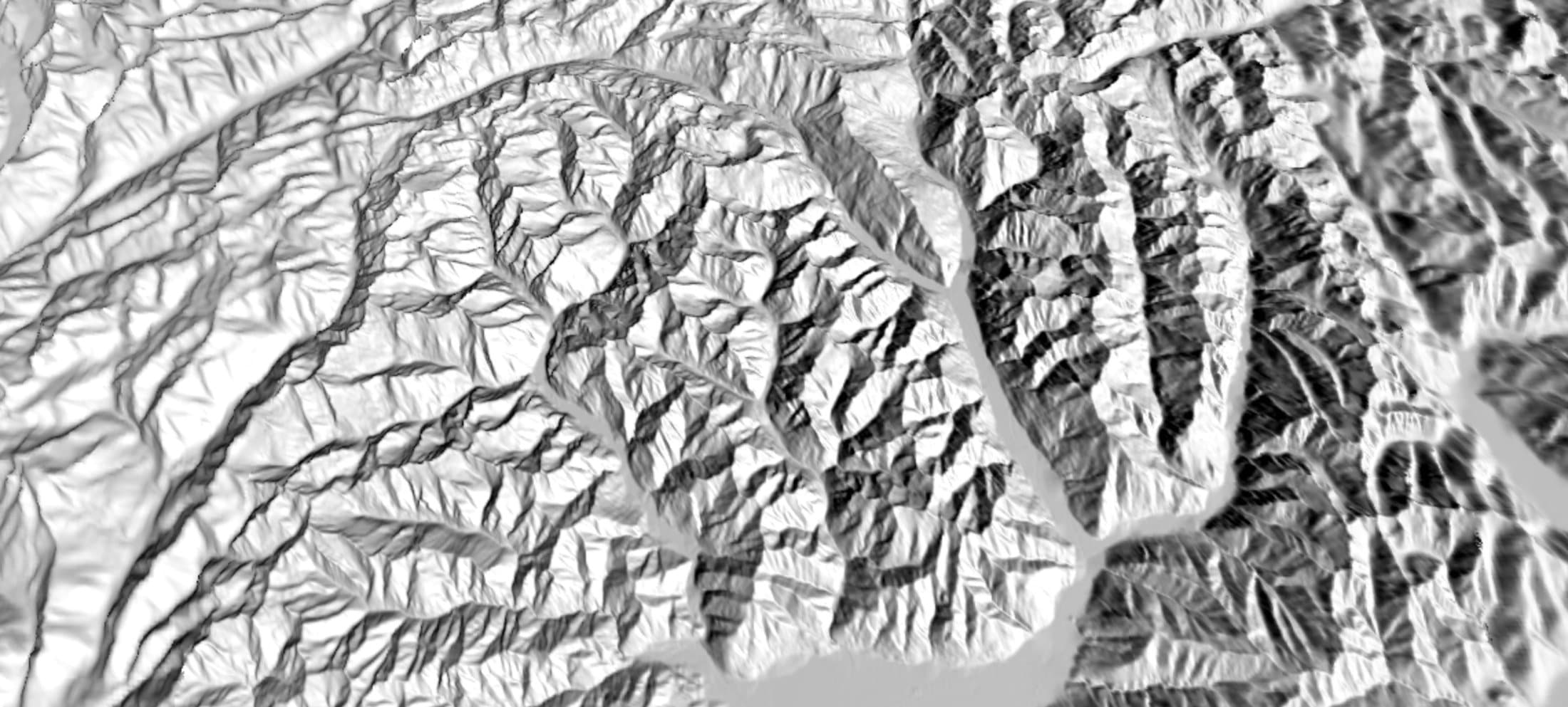 Schattiertes 3D-Relief von Graten und Tälern der Alpen in der BEYOND-Karte