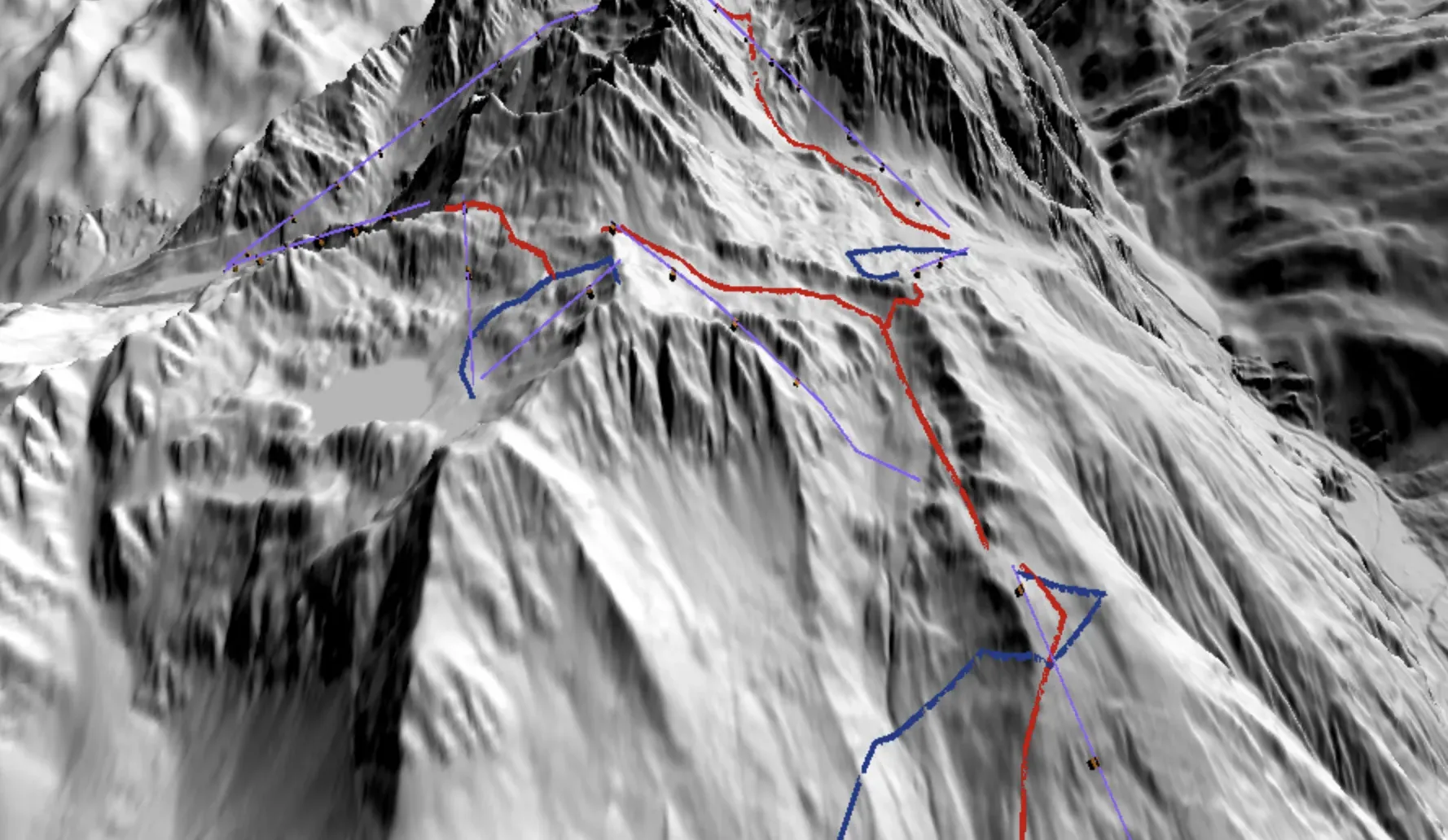 Lifte in Violett und Pisten in Rot und Blau auf schattiertem 3D-Gelände in der BEYOND-Karte