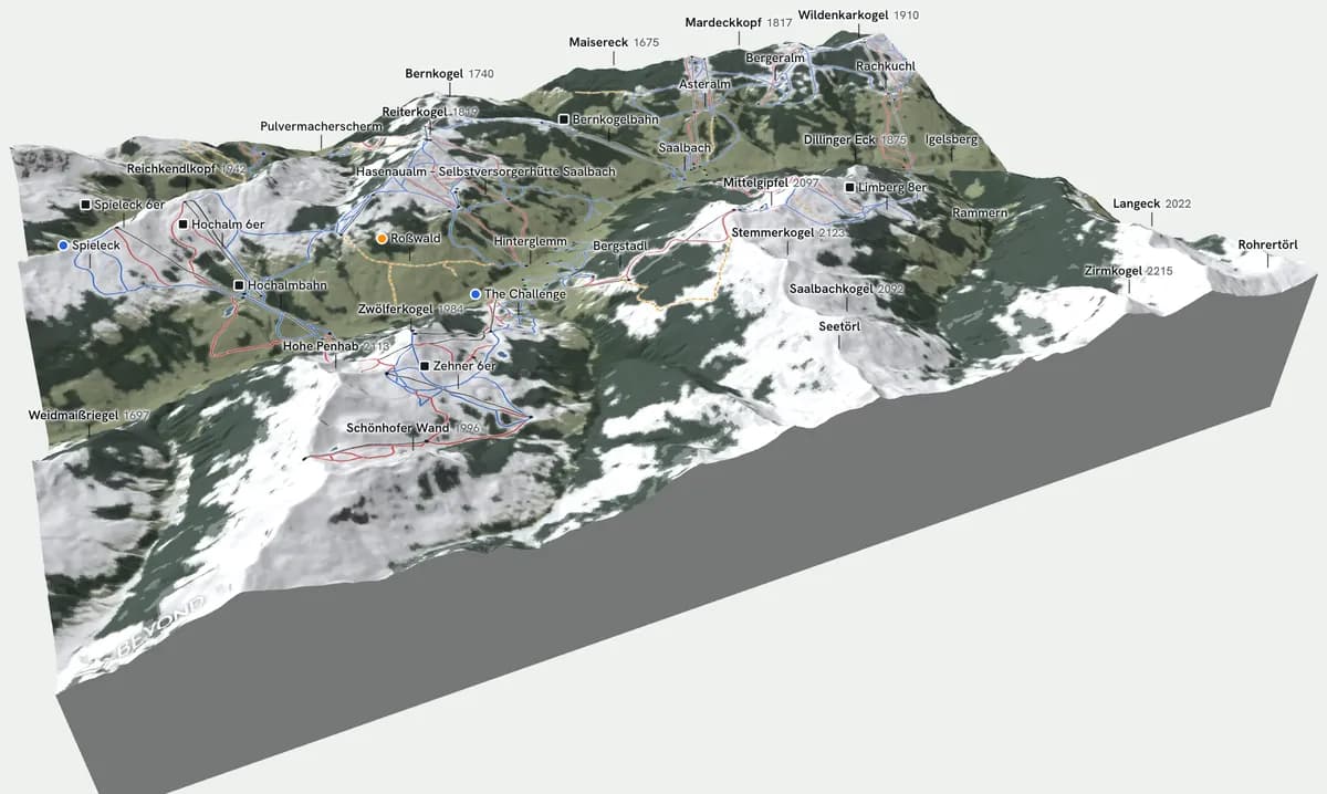 Bloc 3D du domaine skiable de Saalbach exporté de la carte BEYOND : remontées, pistes et noms sur le fond de carte en relief hivernal, avec la neige, la forêt et les glaciers