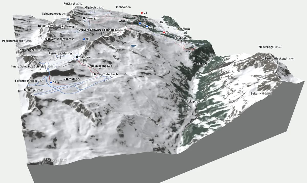 Bloc 3D du domaine skiable de Sölden exporté de la carte BEYOND : remontées, pistes et noms sur le fond de carte en relief hivernal, avec la neige, la forêt et les glaciers