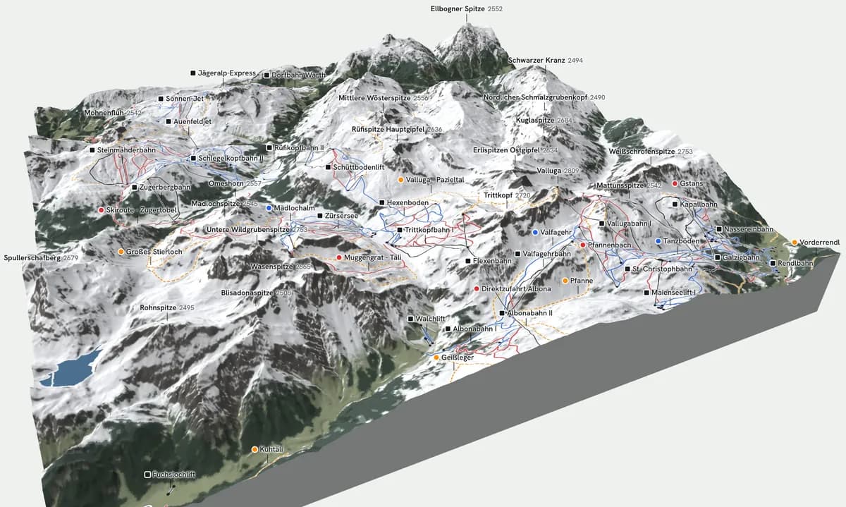 Bloc 3D du domaine skiable de St. Anton exporté de la carte BEYOND : remontées, pistes et noms sur le fond de carte en relief hivernal, avec la neige, la forêt et les glaciers
