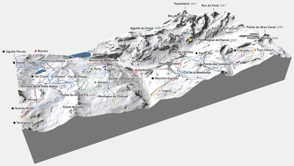 Bloc 3D du domaine skiable de Val d'Isère exporté de la carte BEYOND : remontées, pistes et noms sur le fond de carte en relief hivernal, avec la neige, la forêt et les glaciers