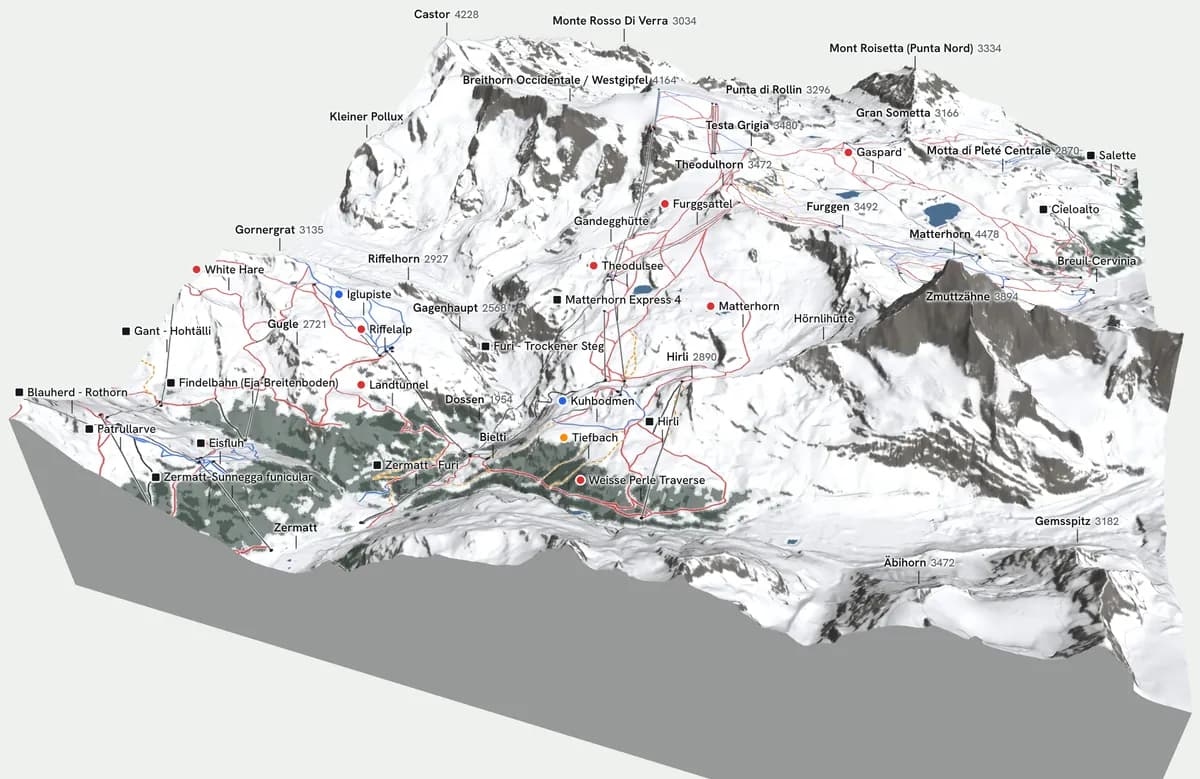 Bloc 3D du domaine skiable de Zermatt exporté de la carte BEYOND : remontées, pistes et noms sur le fond de carte en relief hivernal, avec la neige, la forêt et les glaciers