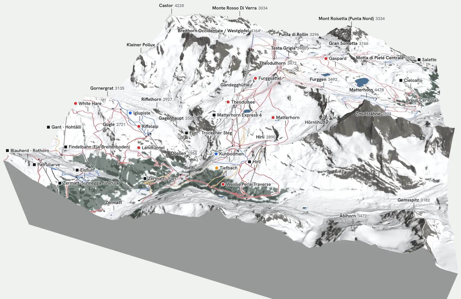 Bloc 3D de Zermatt exporté de la carte BEYOND : le Cervin, les glaciers et le domaine skiable avec ses remontées et ses pistes sur le fond de carte en relief hivernal