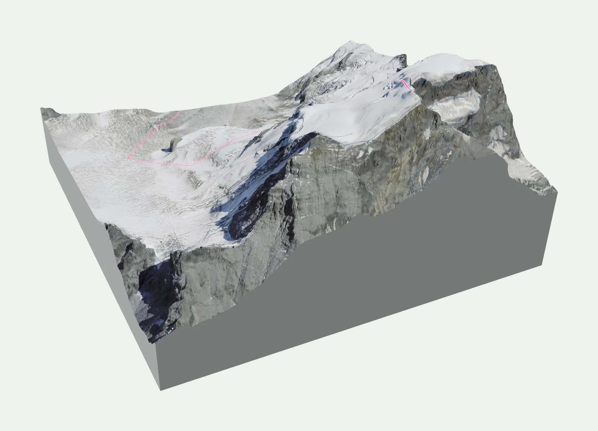 The HTML export of the Grand Combin de Grafeneire, 3 by 3 km, opened in a browser: a 3D block with glacier, rock faces and a drawn route