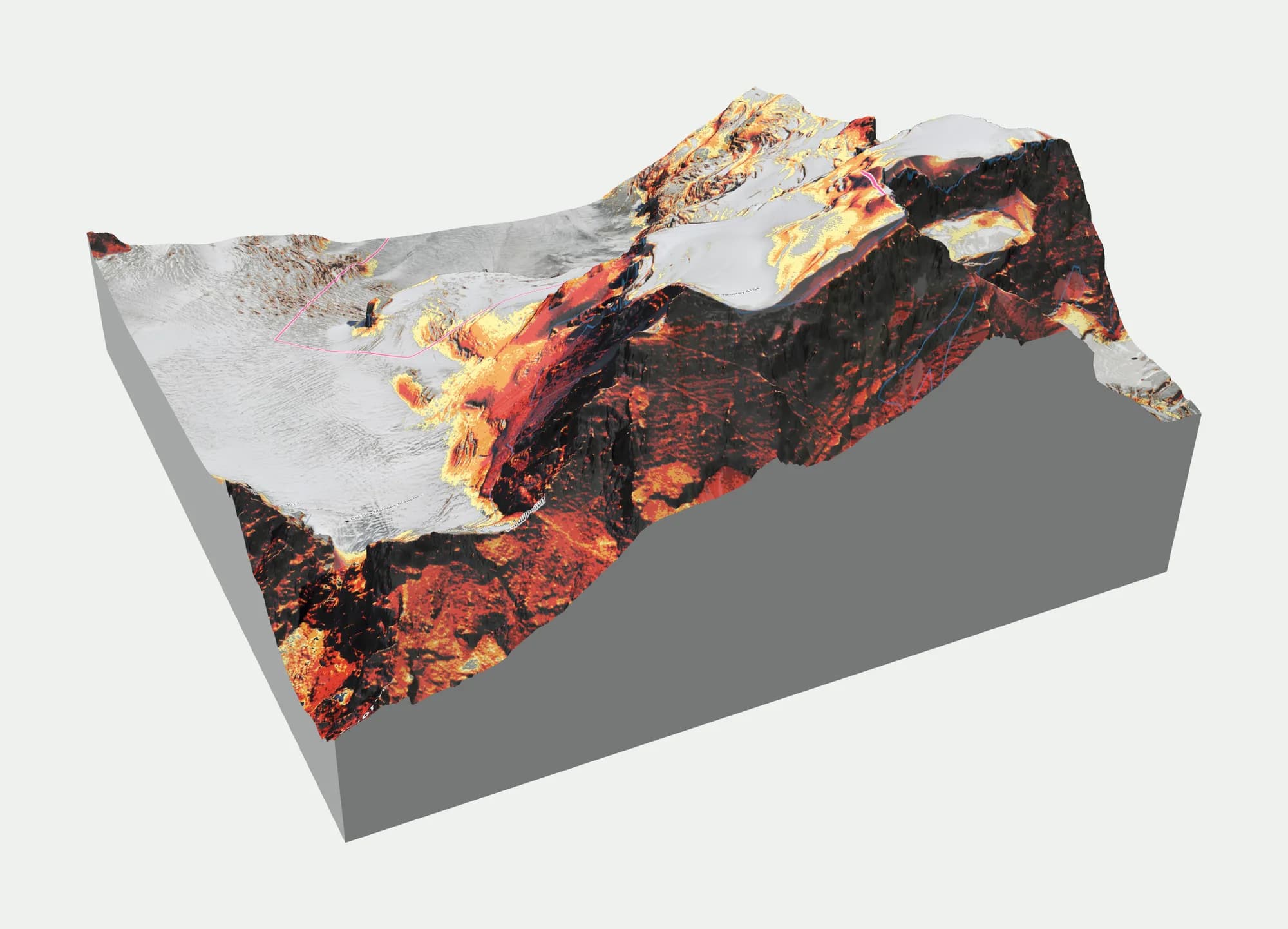 3D block of the Grand Combin de Grafeneire, 3 by 3 km, with the slope-angle layer: white glacier under 25°, yellow, orange and red faces from 25° to 45°, black above 45°
